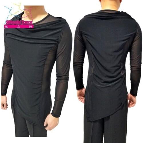 Mesh Ballroom Dance Tops For Men Latin Practice Wear Black Performance Costume Tap Dance Wear Rumba Salsa Dance Outfits DL7037
