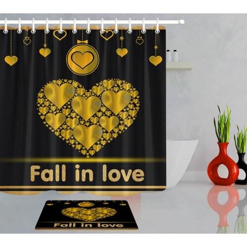 Golden Love Heart Black background Fabric Shower Curtain Valentines Day Bathroom Curtains Floor Mat Bath Curtain with 12 Hooks