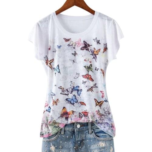 Harajuku Butterfly Print Slim Cotton Thin T shirt Womens Summer 2020 Round Neck Short Sleeve Tops New Arrivals Streetwear Z171
