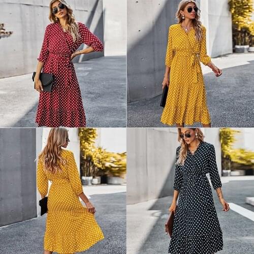 Spring Women Polka Dot 3/4 Sleeve Midi Dress Boho Style V Neck Ruffle Flowy Swing Casual Fashion Elegant A-Line Dress with Belt