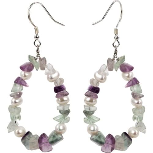 Yacq Fluorite Pearl 925 Sterling Silver Drop Dangle Earrings Handmade Custom Jewelry Valentines Gifts for Women Her Mom Girls