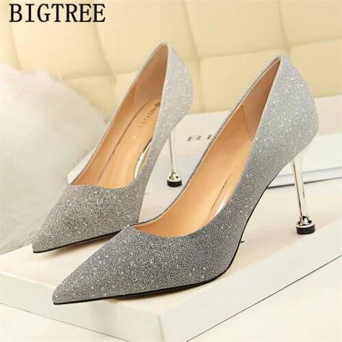 Glitter Heels Ladies Pumps Fetish High Heels Women Wedding Shoes 2021 Sweet Pups Bigtree Shoes Luxury Shoes Women Designers Heel