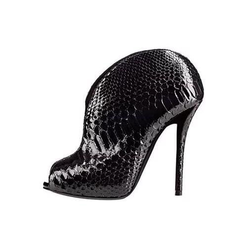 Ladies fetish high heels patent leather short ankle boots for women V sharp peep toe stiletto female luxury booties pumps