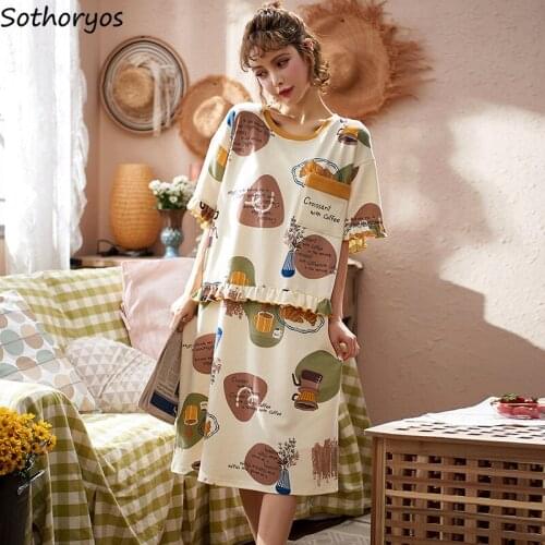 Women Nightgowns Mid-calf O-neck Letter Printed Summer New Design Breathable Cartoon Ruffles Trendy Soft Homewear Patchwork Chic