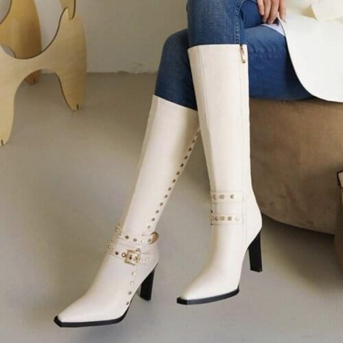 2021 New Elegant All Matching High Heel Boots Rivets Decoration Side Zipper Little Square Toe Knee High Boots