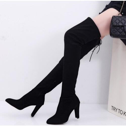 2021hot New Flock Leather Women Over The Knee Boots Lace Up Sexy High Heels Autumn Woman Shoes Winter Women Boots Size 34-43