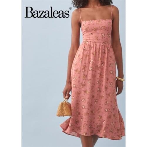 Bazaleas Vintage Spaghetti Straps Midi Women Dress Retro Pink Floral Print Tank Dress Sexy Pockets Vestidos