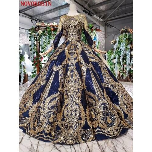 2020 Real Custom Made Gold Blue Sequin Lace Ball Gown Muslim Bridal Evening Party Dress Long Sleeves Luxury Arabic Formal Gown