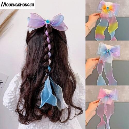 2021 New Fashion Gradient Rainbow Color Big Bow Barrette For Girls Streamers Braided Hairpin Headdress Children Hair Accessories