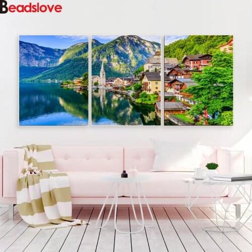 3 Pieces 5D Diamond Mosaic Diamond Painting Mountain Lake Scenery Cross Stitch Kits DIY Diamond Embroidery Pattern Rhinestone