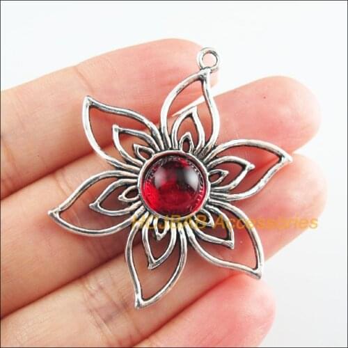5Pcs Tibetan Silver Tone Star Red Glaze Charms Flower Pendants 37.5x47mm