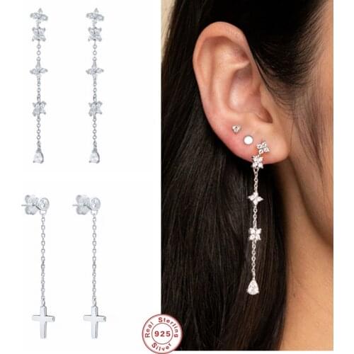 GS 925 Sterling Silver Cross Long Tassel Drop Earrings For Women Girls Flower Rhinestone Chain Dangle Earring Brincos Jewelry