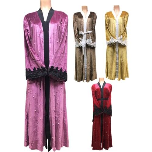 FREE SHIPPING Dubai Abaya Middle East Robe Ramadan clothes Nail bead Embroidery Jibab Islamic Muslim Velvet Dress for lady