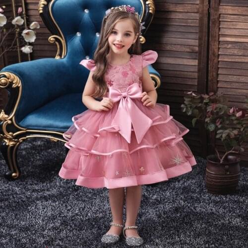 Childrens Bow Sequined Prom Wedding Bridesmaid Dress Girl Flying Sleeves Multi-Layer Mesh Princess Dress