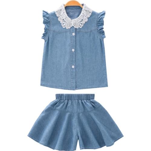 Girls Suits 2021 New Summer Kids Clothing Lace Collar Denim Shirt & Shorts Set For Baby Girl Fashion Children Clothes Outfits