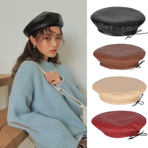 Fashion Retro Beret Women PU Leather Beret Hat Autumn Winter French Artist Warm Cap Female Solid Color Hat Beanie QZ0350