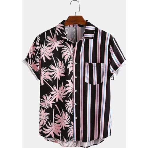 Mens Hawaiian Striped Coconut Printed Short Sleeve Shirt Summer Casual Daily Beach Wind Quick-drying Mens Clothing Shirt Top