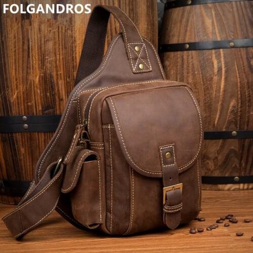 Famous Brand Handmade Genuine Leather Sling Chest Bag Men Designer Vintage Shoulder Messenger Bag with Flip Cover Bolsa