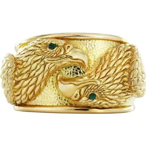Hip Hop Punk Gold Men Motorcycle Biker Ring Two Eagles Play Green Eyes Statement Rings for Women Boho Viking Jewelry Party Gift