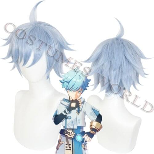 2021 New Game Genshin Impact Cosplay Halloween Chongyun Cosplay Wig Genshin Impact Chong Yun Cosplay Hair Blue Wig+cap Costume