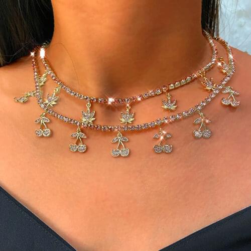 New Gold Color Lightning Pendant Necklace Rhinestone Chain for Women Bling Cherry Tennis Crystal Choker Necklace Fashion Jewelry