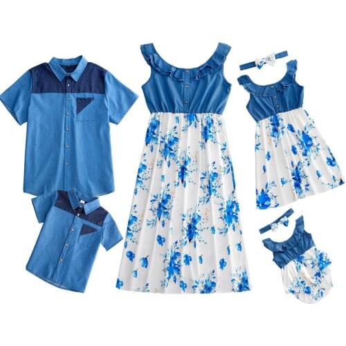 2021 Family Matching Dress Flower Printed Sleeveless Mother Daughter Dresses Father Son T-Shirt Mommy And Me Clothes Tops Outfit