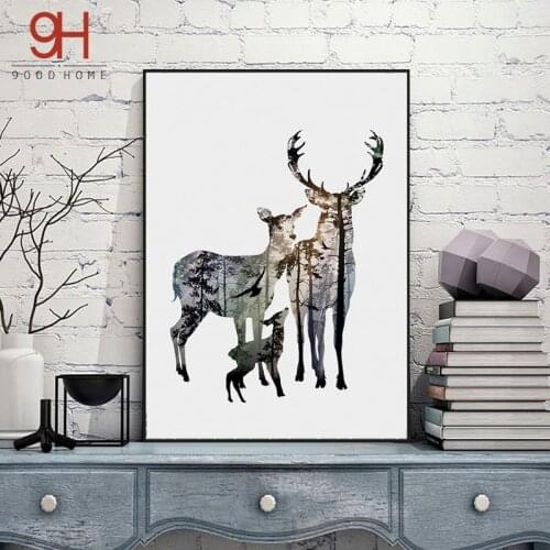 Silhouette of Deer Nordic Poster Paintings On The Wall Decoration Pictures Scenery Posters And Prints Wall Art FA396