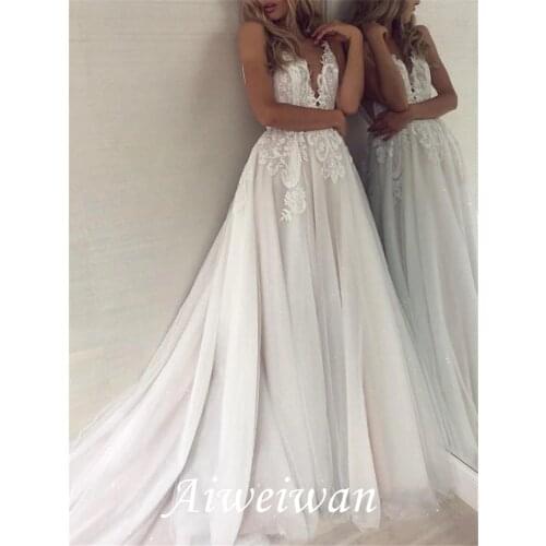 A-Line Wedding Dresses V Neck Sweep / Brush Train Lace Tulle Sleeveless Sexy Backless with Embroidery 2021