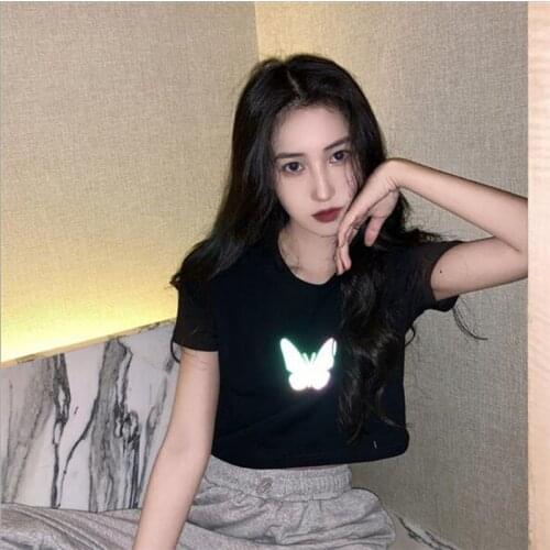 Spring Summer New Women Tops Butterfly Print Short Sleeve Round Neck Women Tshirt Cotton Spandex Women T-shirt