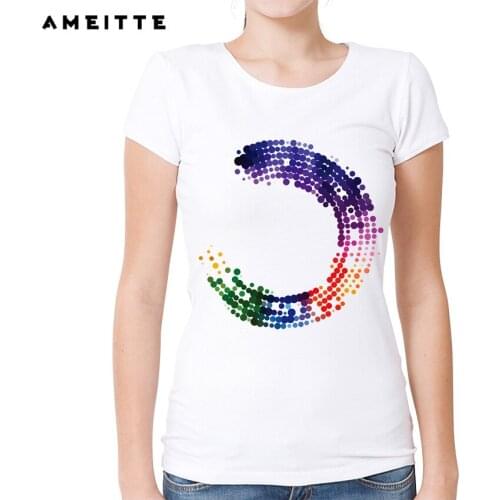 2019 AMEITTE Fashion colorful ring Print T Shirt Geometric Circle Design Tees For Women Hipster White Print O-Neck t-shirt Tops