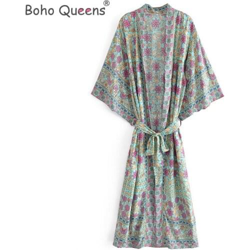 Boho Queens Women Floral Print Sashes bohemian Kimono robe Ladies V Neck batwing Sleeves Boho bikini cover-ups