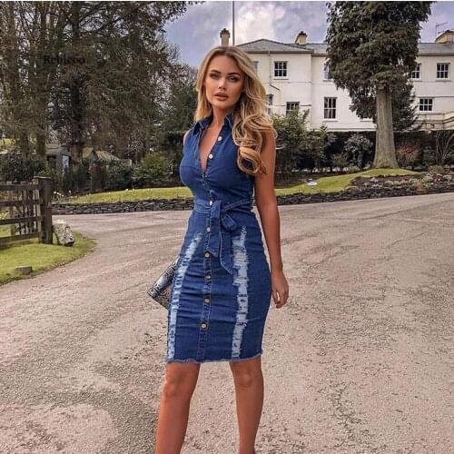 Womens Summer New Denim Vestidos Woman Sleeveless Tight Jeans One Piece Dress