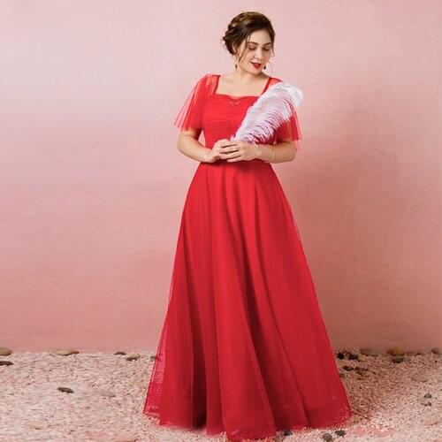 Evening Dress Lace Pleat Short Sleeves Backless Square Collar A-Line Simple Red Floor-Length Plus Size Women Formal Gowns D820