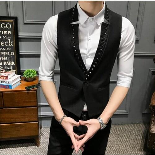 2020 new mens fashion V-neck rivet decoration a buckle vest tide male Slim performance clothing casual vest