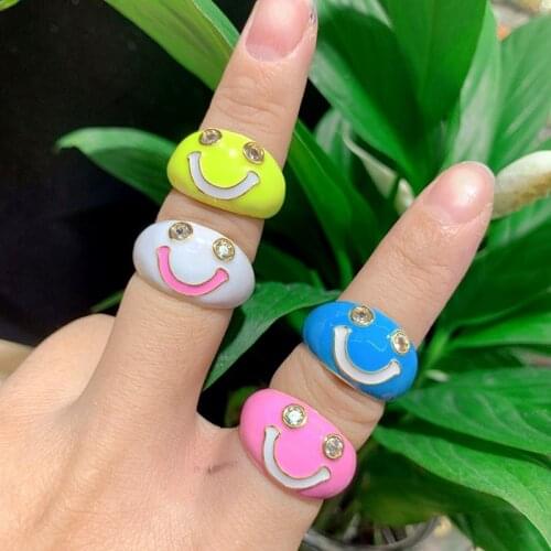 10Pcs New Fashion Neon Enamel Thick Band Ring gold plated Cz Zircon pave happy face smiley metal stackable Rings for Ladies