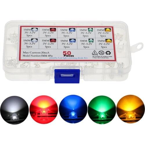 50pcs/Box 5mm LED Piranha Light Emitting Diode Lamp Assortment DIY Kit White Red Green Blue Yellow Bright Color 3V Indicator