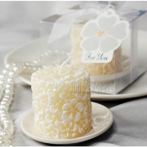 50pcs/lot Wedding Favor Gift and Giveaways -- Wedding Party Souvenir Plumeria Floral-Scented Candle with Ceramic Candle Holder