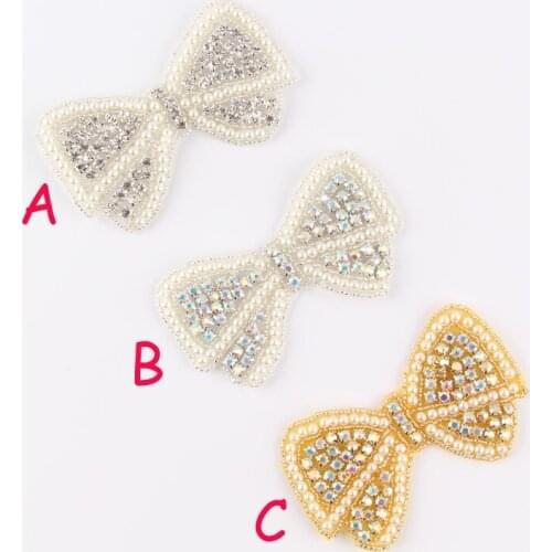 60pcs/lot)Mix 3 Design Crystal Pearl Bows Rhinestone Appliques Patch Hot-Fix Beaded Bridal Dress/Belt/Sash/Hat Applique Patch