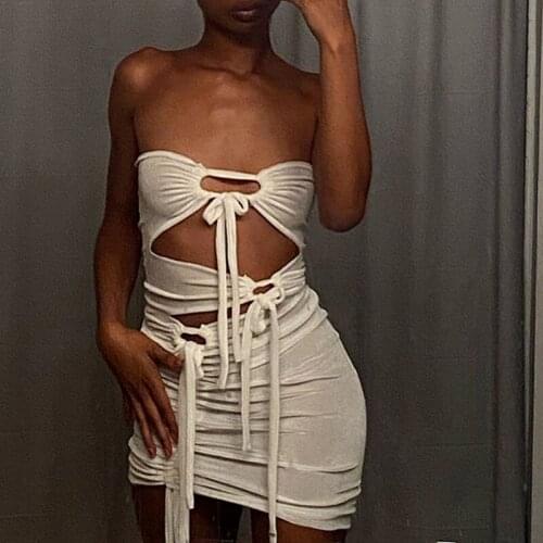 White Hollow Out Bow Drawstring Sexy Women Mini Dress 2021 Fashion Summer Sleeveless Wrapping Clubwear Female Bodycon Mall Goth