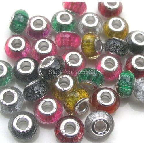 Free shipping 14mm 100pcs new silver plated core mix color resin big hole charms beads fit European bracelet DIY