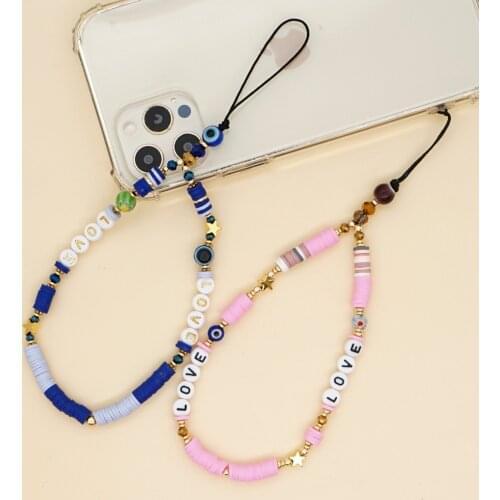 Go2Boho 2021 Phone Chain For Couple Mobile Strap Heishi Clay Lanyard Evil Eye Charm LOVE Telephone Jewelry Couples Gift