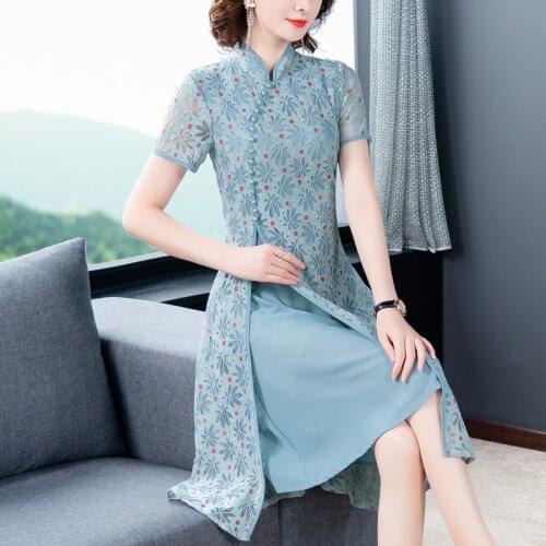 Chinese Style Long Dress For Women Summer 2021 New Short-Sleeved Dresses Ladies Cheongsam Elegant Chinese Dress Qipao 10558