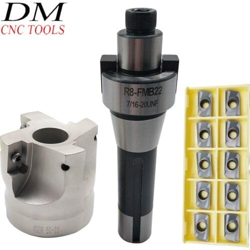 1pcs 2"R8-FMB22 Face Shell Mill Arbor + 1pcs 400R 50MM CNC End Milling Cutter with 10pcs APMT1604PDER Carbide Inserts