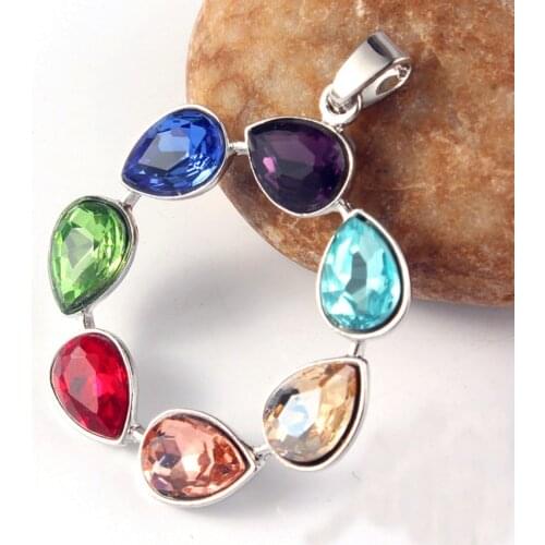 KFT Silver Plated Round Hollow Inlay 7 Color Samll Glass Chakra Stone Meditation Pendant For Party Jewelry