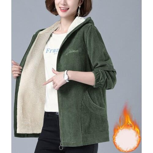 Warm Women Corduroy Coat New Winter Thick Vintage Plus Size Pocket Zipper Female Jacket Hooded Loose Long Sleeve Ladies Clothes