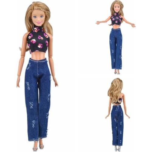 Fashion Ripped Denim Pants Doll Clothes For Barbie Clothes Outfit Black Floral Shirt Crop Top Jeans Trousers 1/6 BJD Accessories