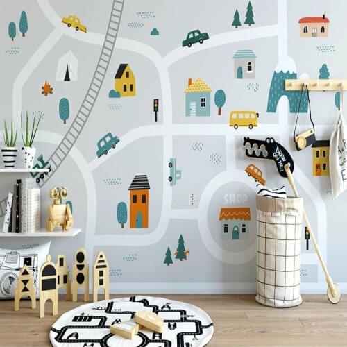 Custom Mural 3D Hand Painted Cartoon House Tree Road Car Wall Decor Modern Children Room Bedroom Boy Girl Room Wallpaper Murals