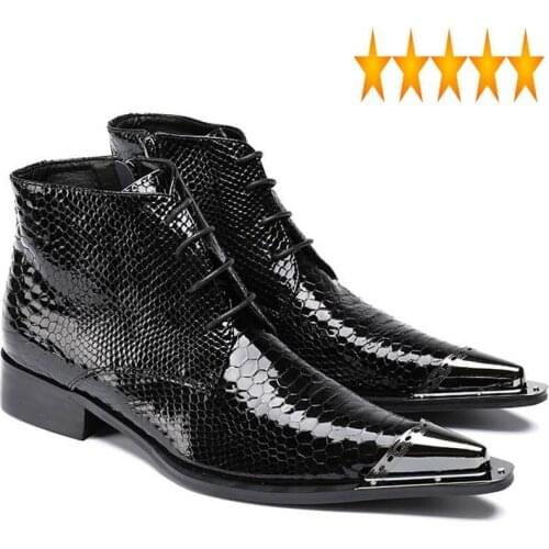 Genuine Italian Design Men Formal Leather Metal Pointed Toes Ankle Boots Punk Work Safety Block Heels Banquet Party Dress Shoes