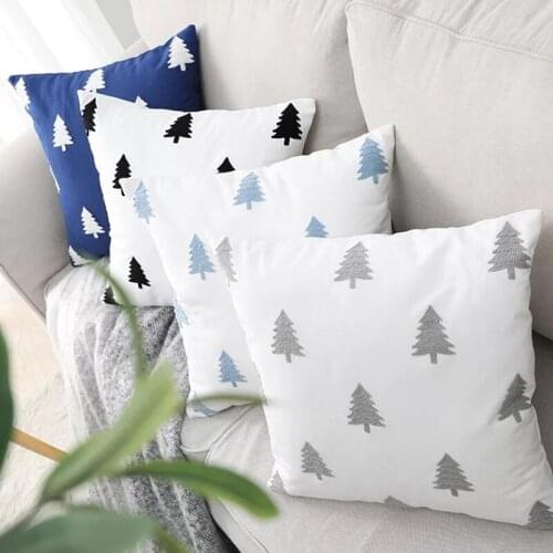 Home Decorative Embroidered Cute Tree Cushion Cover White Gray Blue Black Canvas Cotton Square Embroidery Pillow Cover 45x45cm