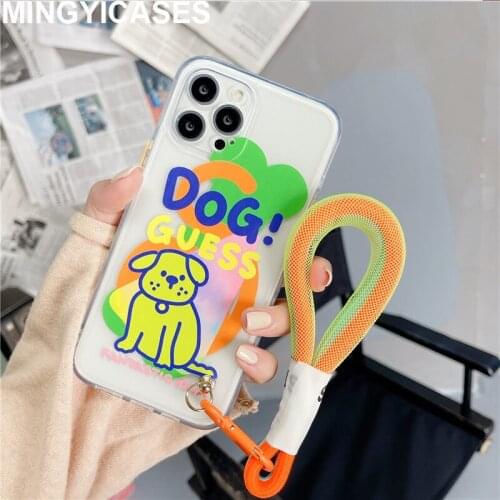 New Strap Cases for Iphone 12 11 Pro Max 7 8 Plus X Soft TPU Cute Dog Neon Fluorescenet Color Case for Iphone 12 Pro Xr Xs Max